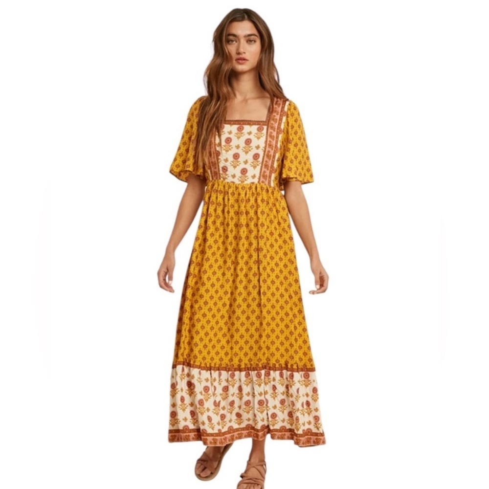In Loom Women's Smocked Back Bohemian Square Neck Back Tie Floral Maxi Dress